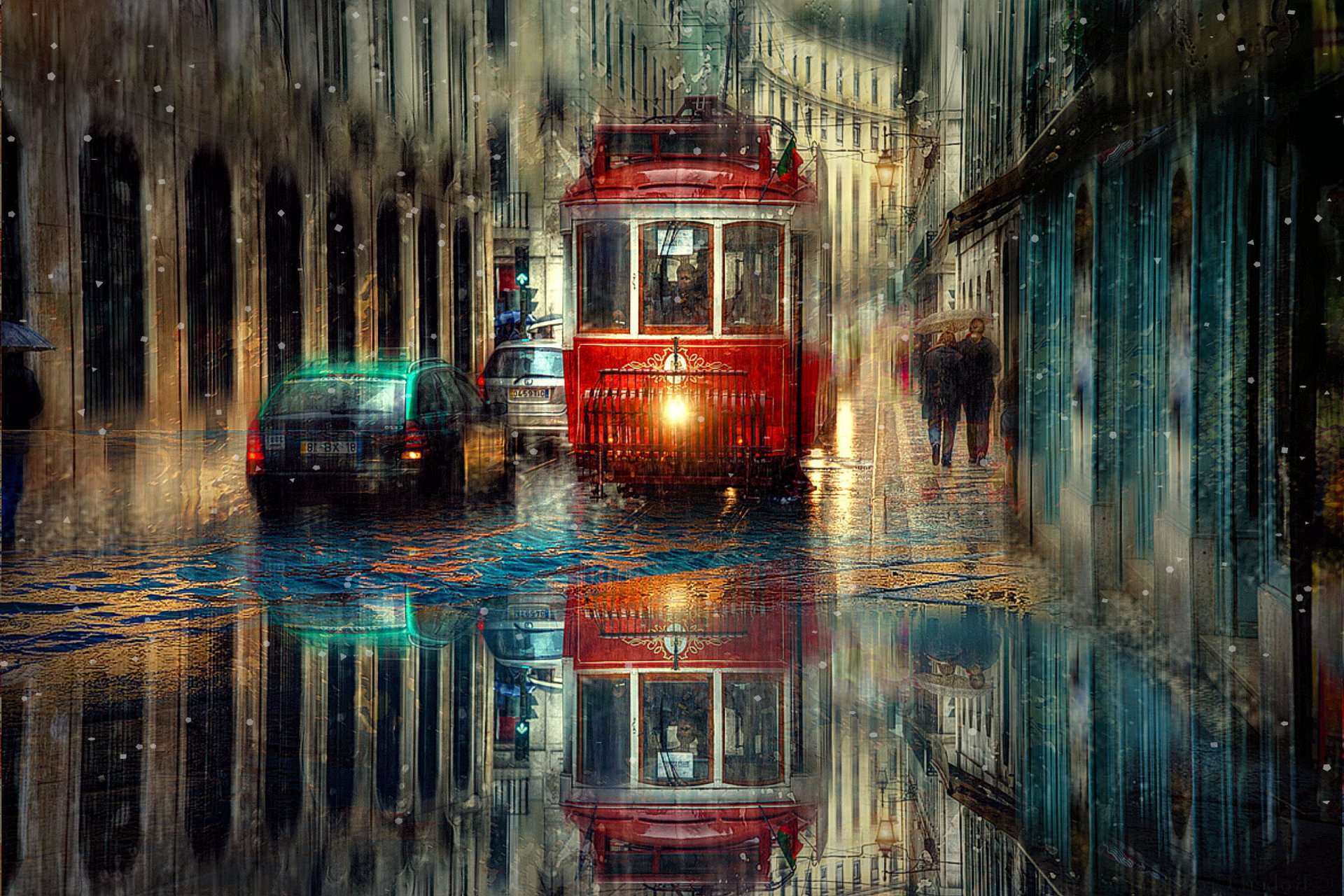 город улица дождь машины транспорт трамвай