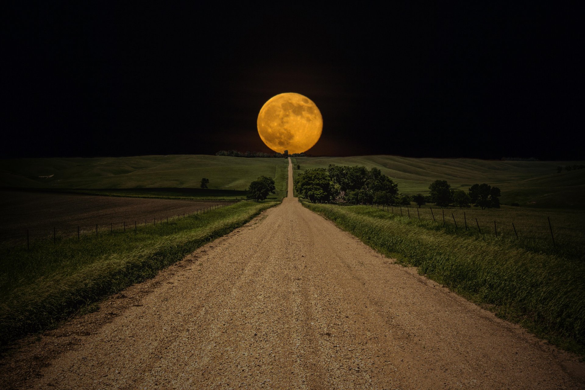луна ночь поле дорога путь небо