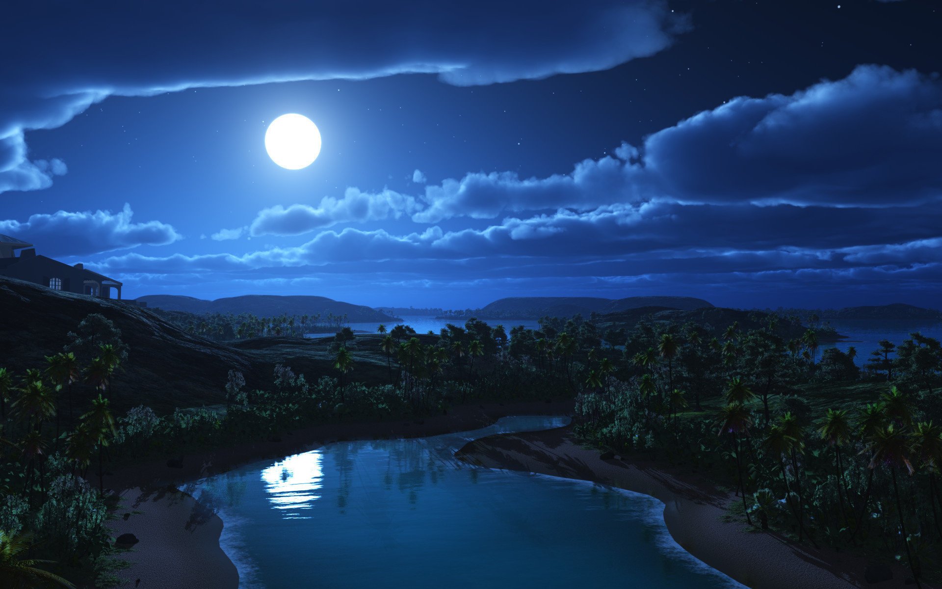 луна река ночь пальмы арт пейзаж облака дом холмы
