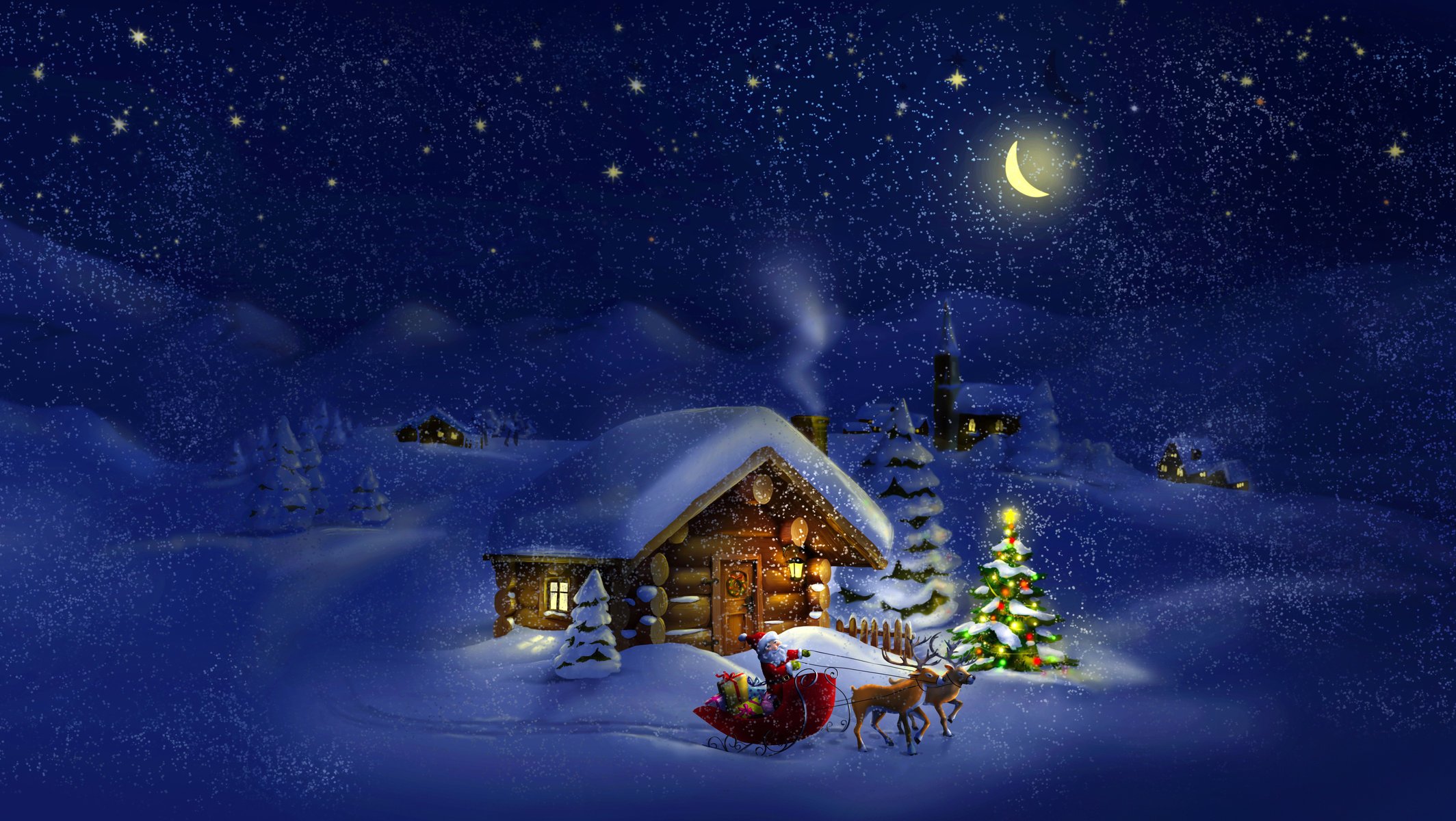 новый год санта-клаус санта клаус олени домики зима снег елки луна звезды