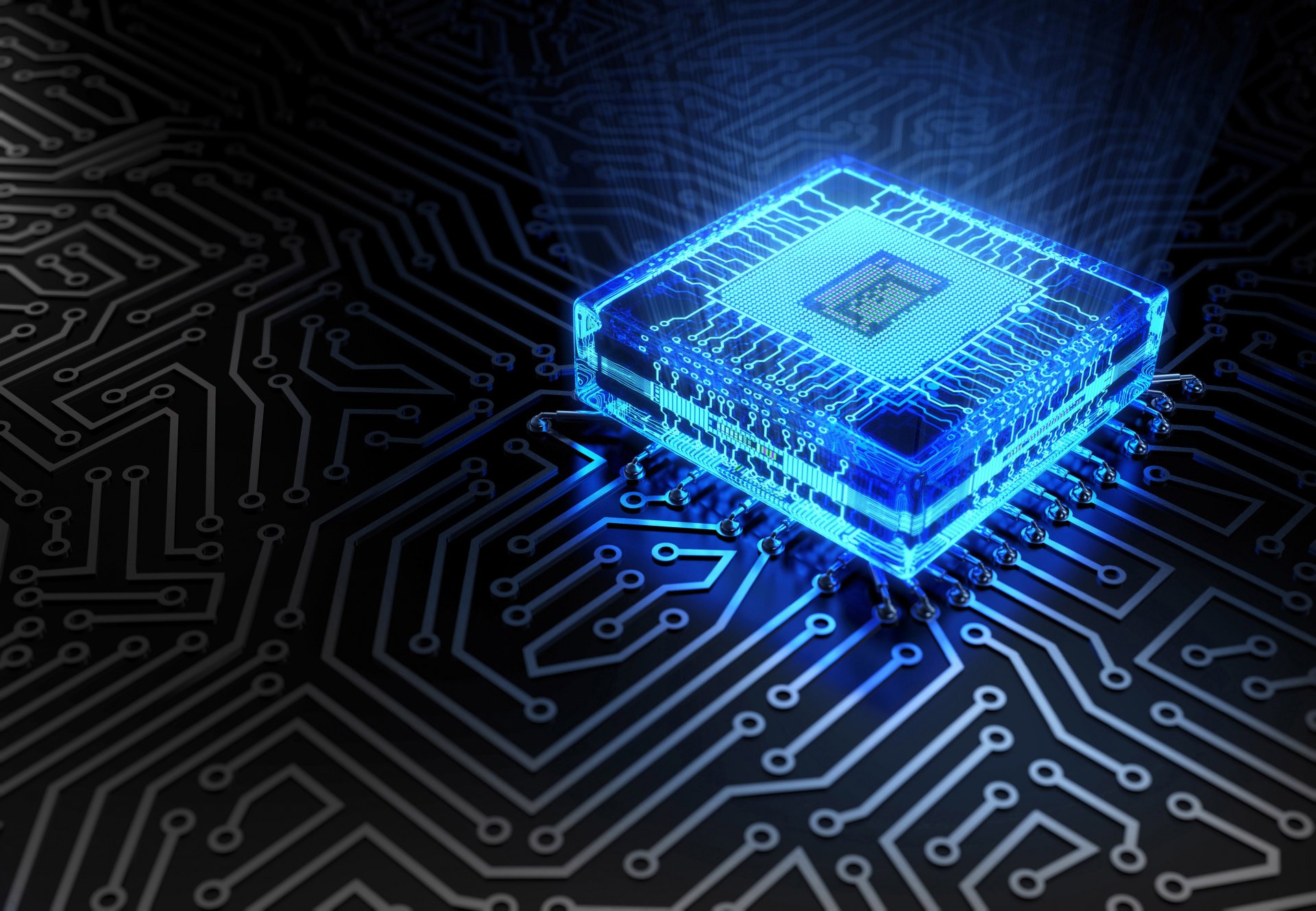 hi-tech technology chip microchip tracks board blue color glow processor bokeh macro wallpaper