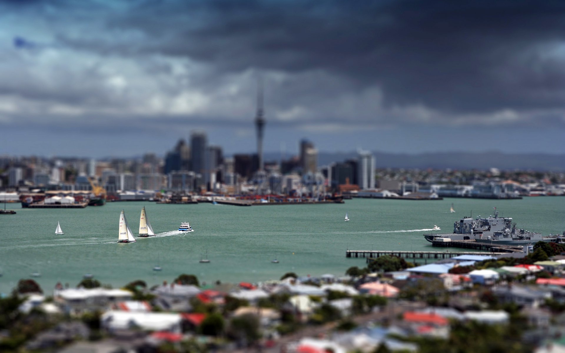 on both sides millions of panorama water river yachts ships skyscrapers view the storm city sailboats blur roof