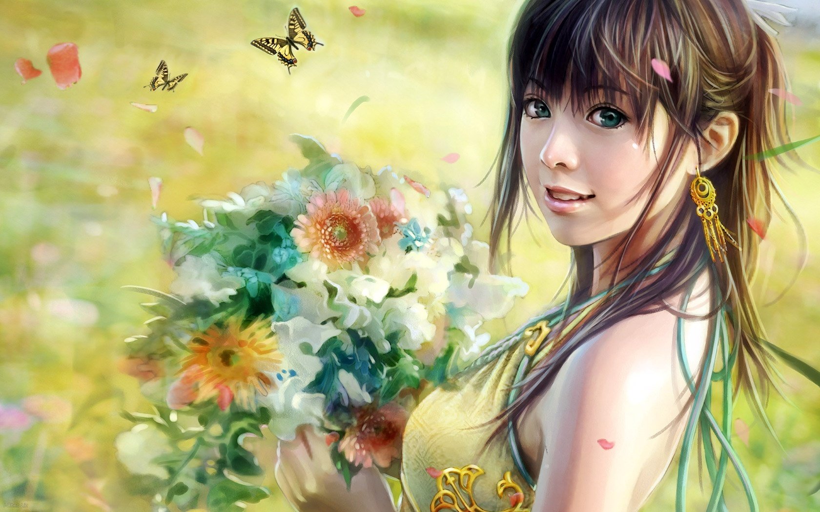 fille dessinée fleurs sauvages yeux verts
