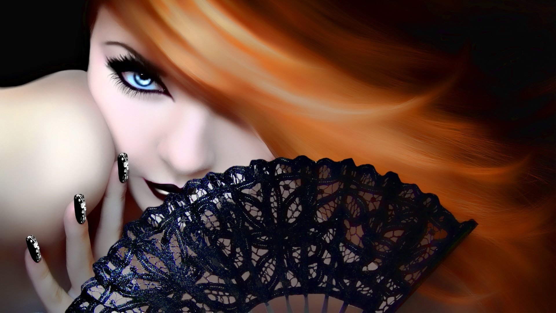 glamorous thing red hair beautiful eyes lips fan nail