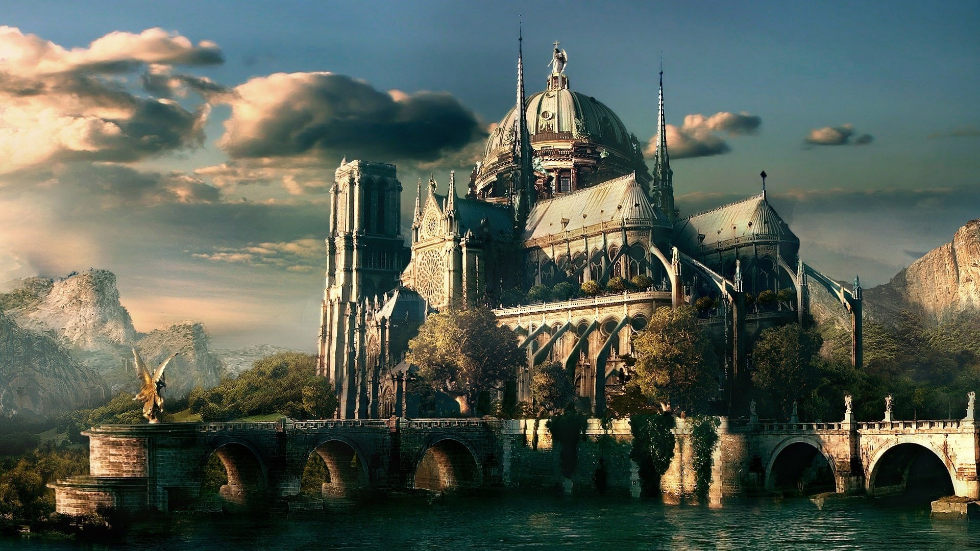 schloss auf dem wasser wolken brücke