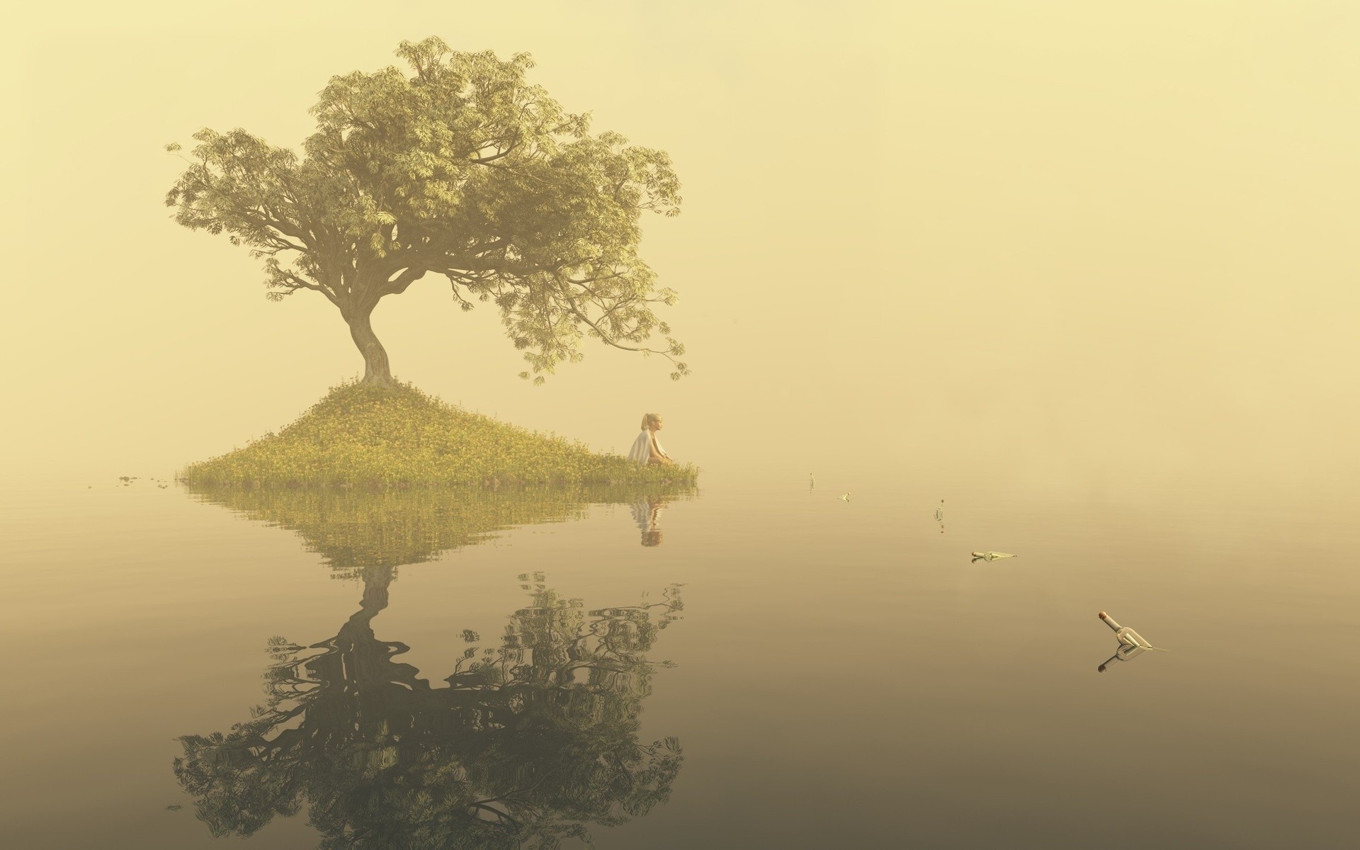 arte ragazza albero lago acqua isola superficie