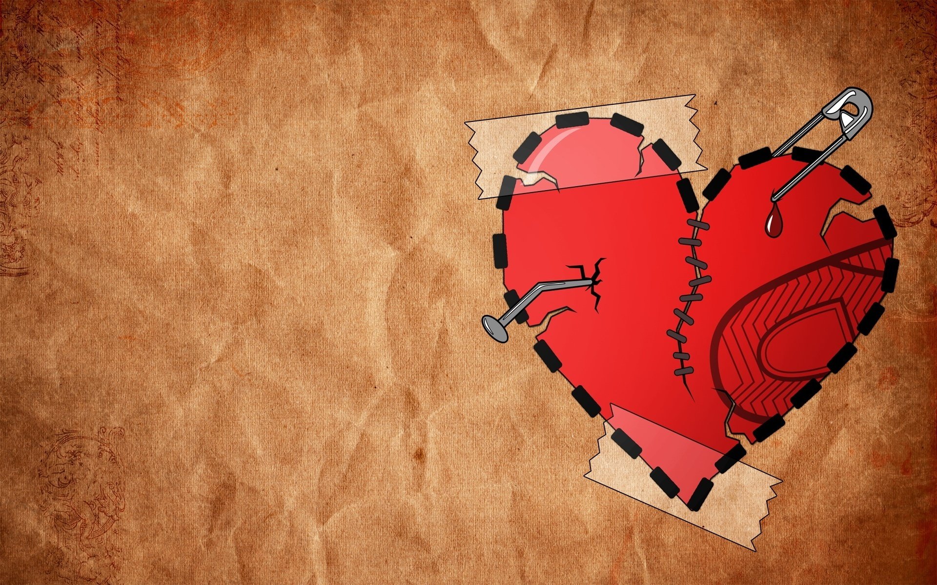coeur dessiné cousu perforé brisé épingle douleur dessin scotch mur sang