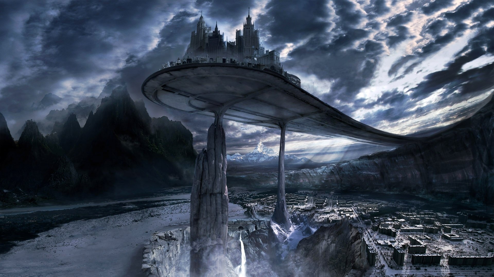 castle on the height river mountains water ice the sky clouds the rays of the sun the city building