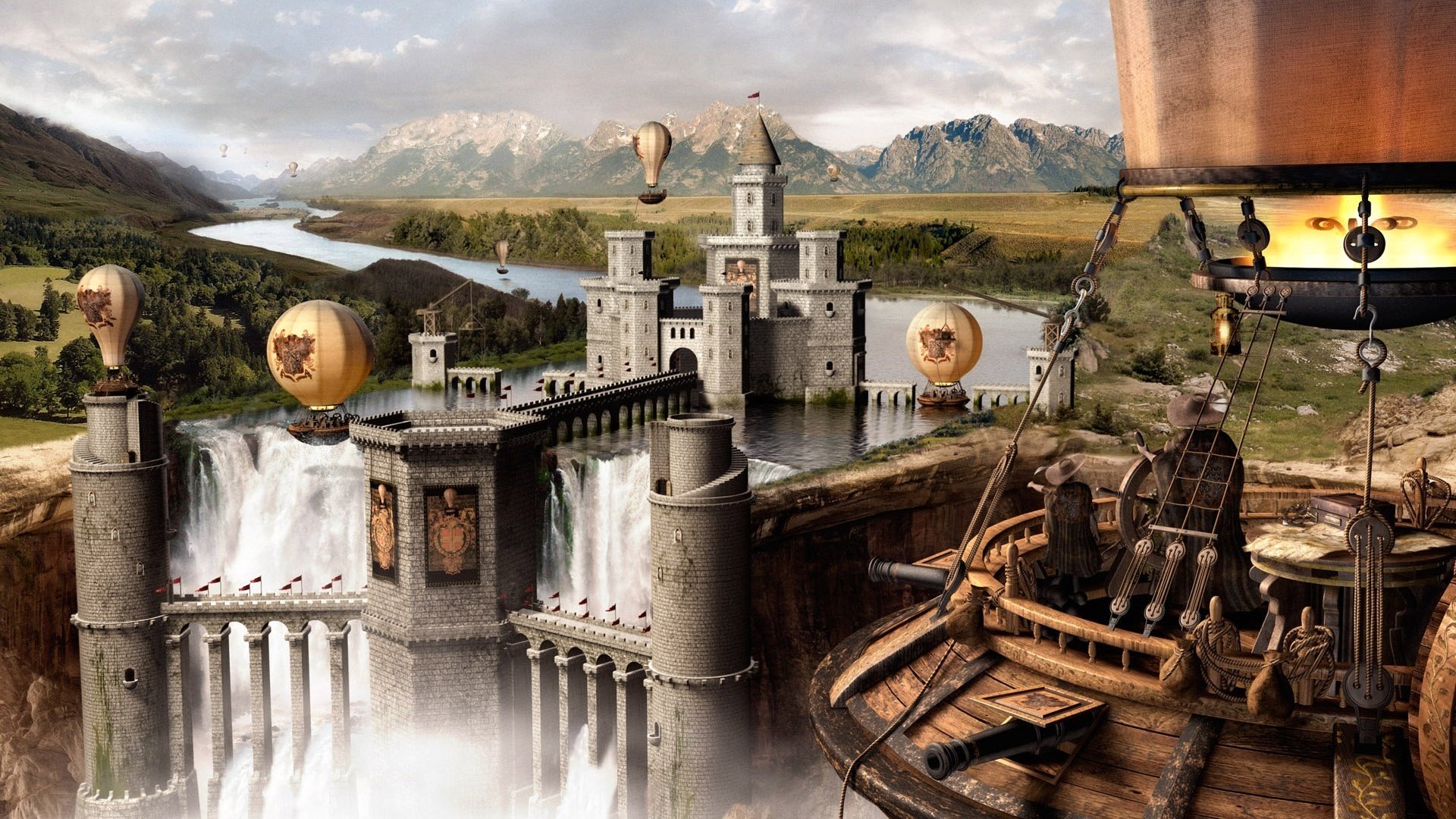 ballon schloss auf dem wasser wasserfälle