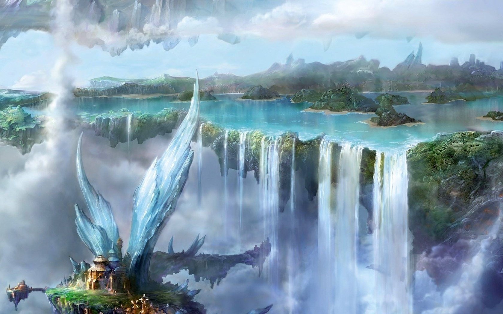 wasserfall insel flügel kleines haus