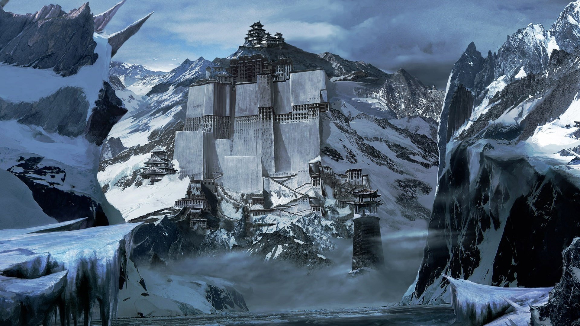base in the rock metal construction winter mountains snow fantasy