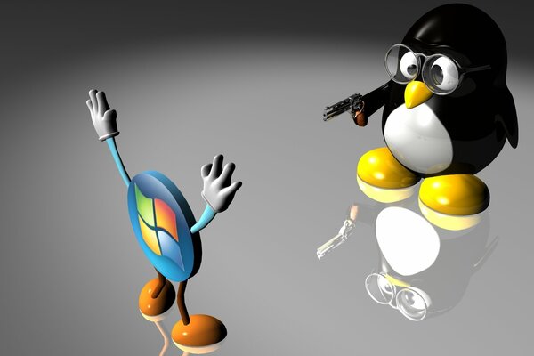 Pingüino apunta una pistola al logotipo de windows