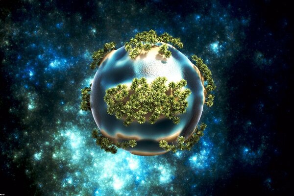 Kreativer Planetenhintergrund mit Palmen, das Leuchten des Sternenhimmels des Universums