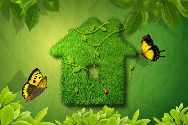 A house made of grass. Butterflies, summer, happiness