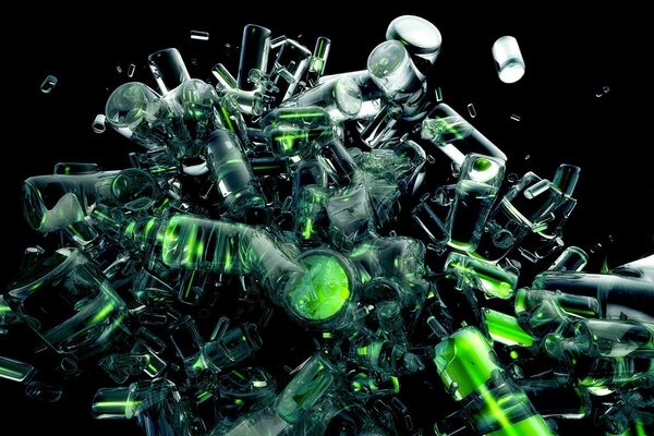 Hintergrund aus Haufen von kosmischem Müll und grüner Flüssigkeit in Glasflaschen