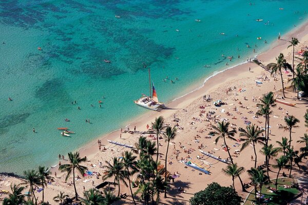 Les vacanciers bronzer et nager dans la mer