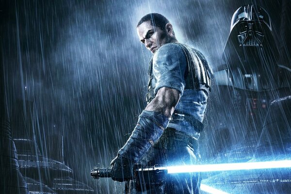 Muscular warrior in the rain