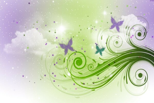 Farfalle magiche sullo sfondo di stelle e nuvole