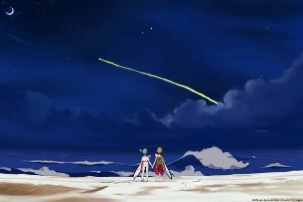 Drawing of a shooting star in the anime style. A couple watches a star fall