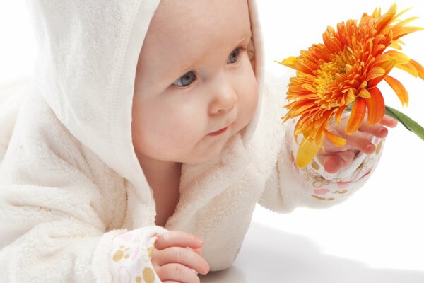 Das Baby mit der Natur vertraut machen, insbesondere mit einer Blume
