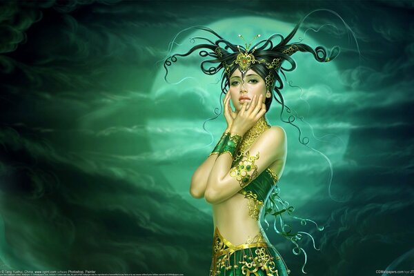 Fille dans un beau costume avec une coiffure inhabituelle à la pleine lune