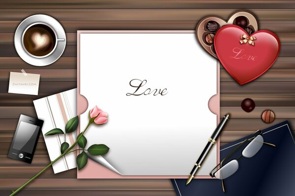 Set de amor con letras de dulces y flores en la mesa