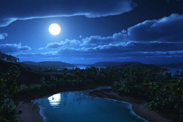 Au-dessus des collines, le ciel nocturne avec la lune et son reflet dans le lac