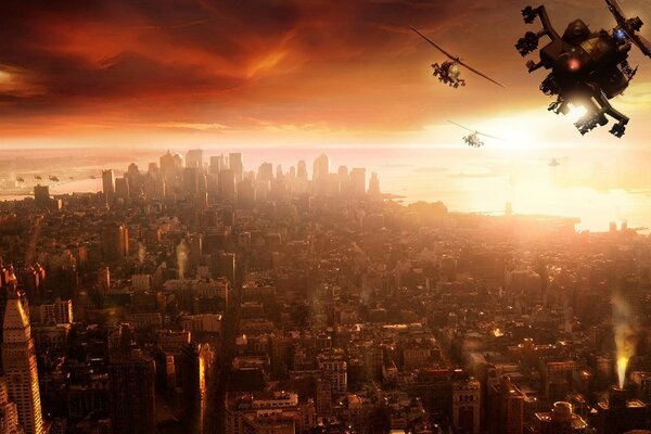 Big city and orange sunset