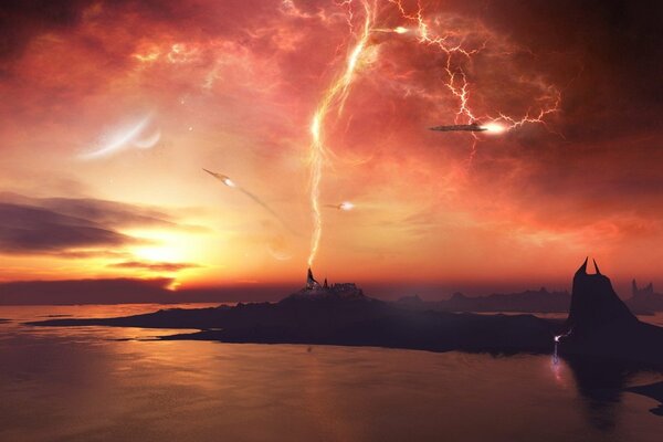 Roter Himmel in Gewitter gehüllt