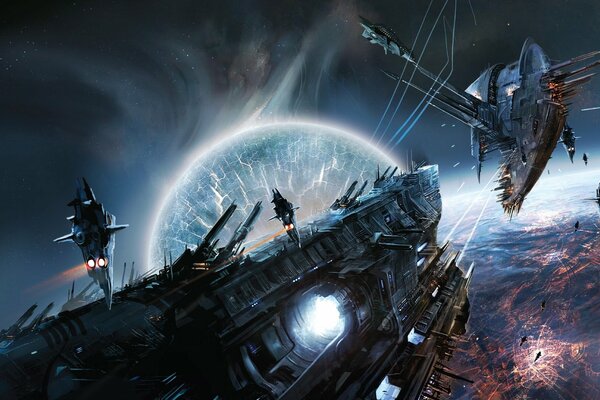Raumschiffe kreuzen zwischen Planeten
