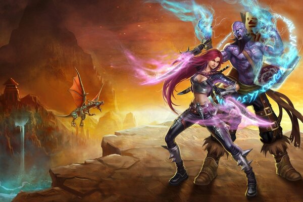 Fantastic heroes, flying monster, mountains, river