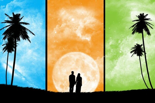 Silhouette of a couple in love against the background of three seasons of the year