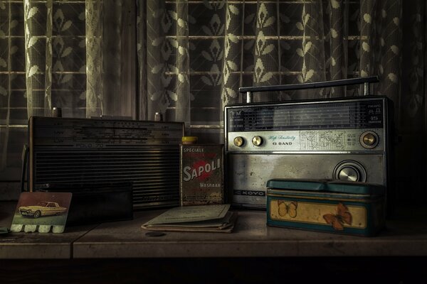 Vintage radios on a dark background