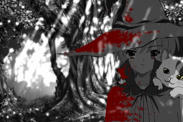 Anime-Mädchen mit Hut mit Kätzchen