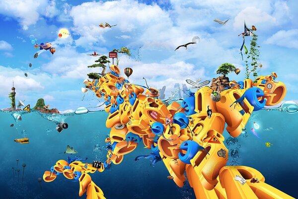 Creative cool background with a yellow letter pun, water, sky and clouds