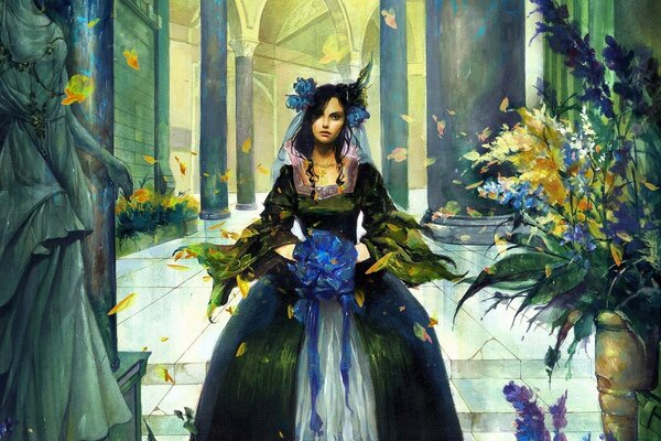 Fille fabuleuse dans une robe avec des feuilles et des fleurs