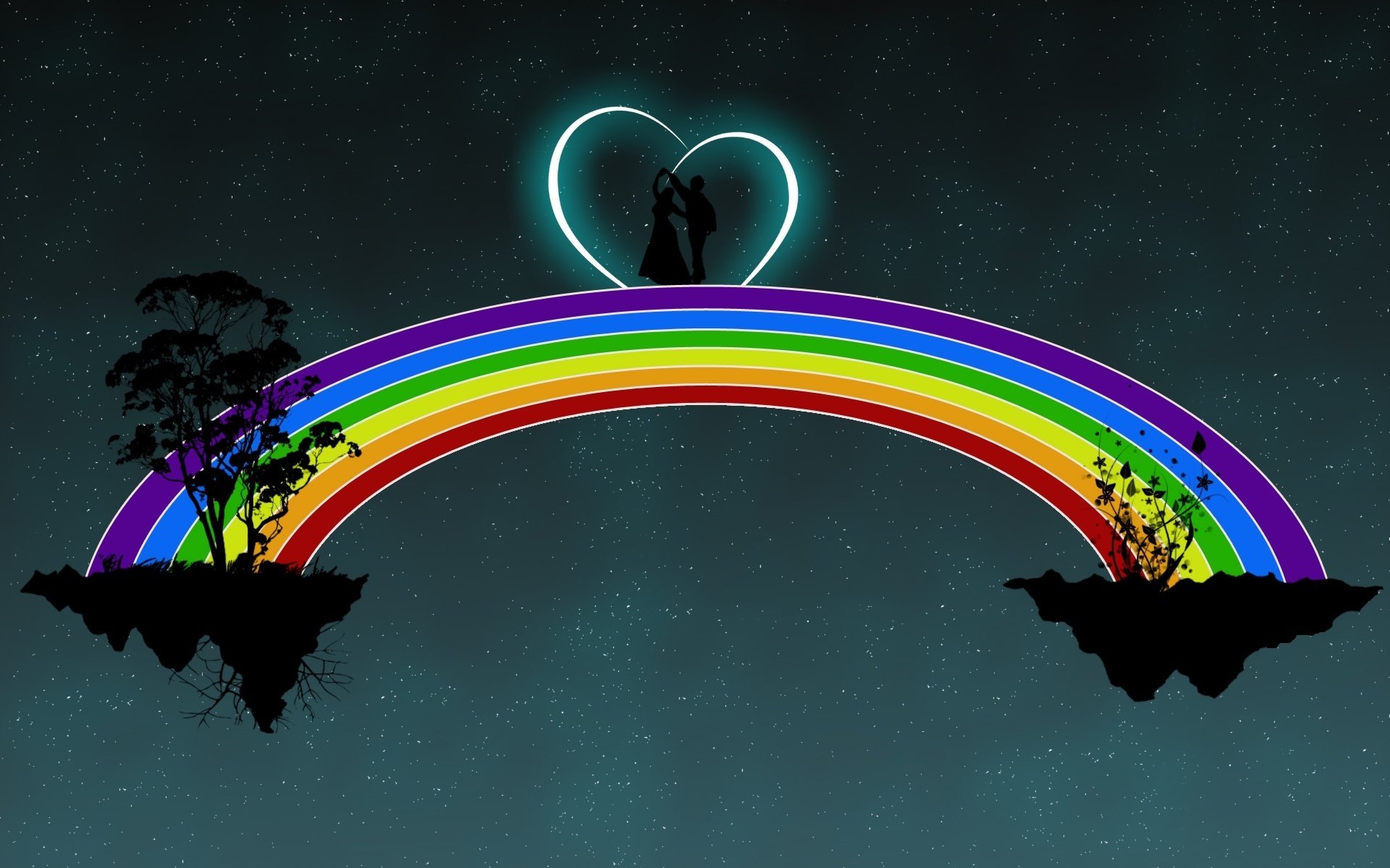 isla de amor dos juntos puente de amor arco iris romance sentimientos amor pareja amantes reunión cita corazón baile noche estrellas cielo dibujos anime