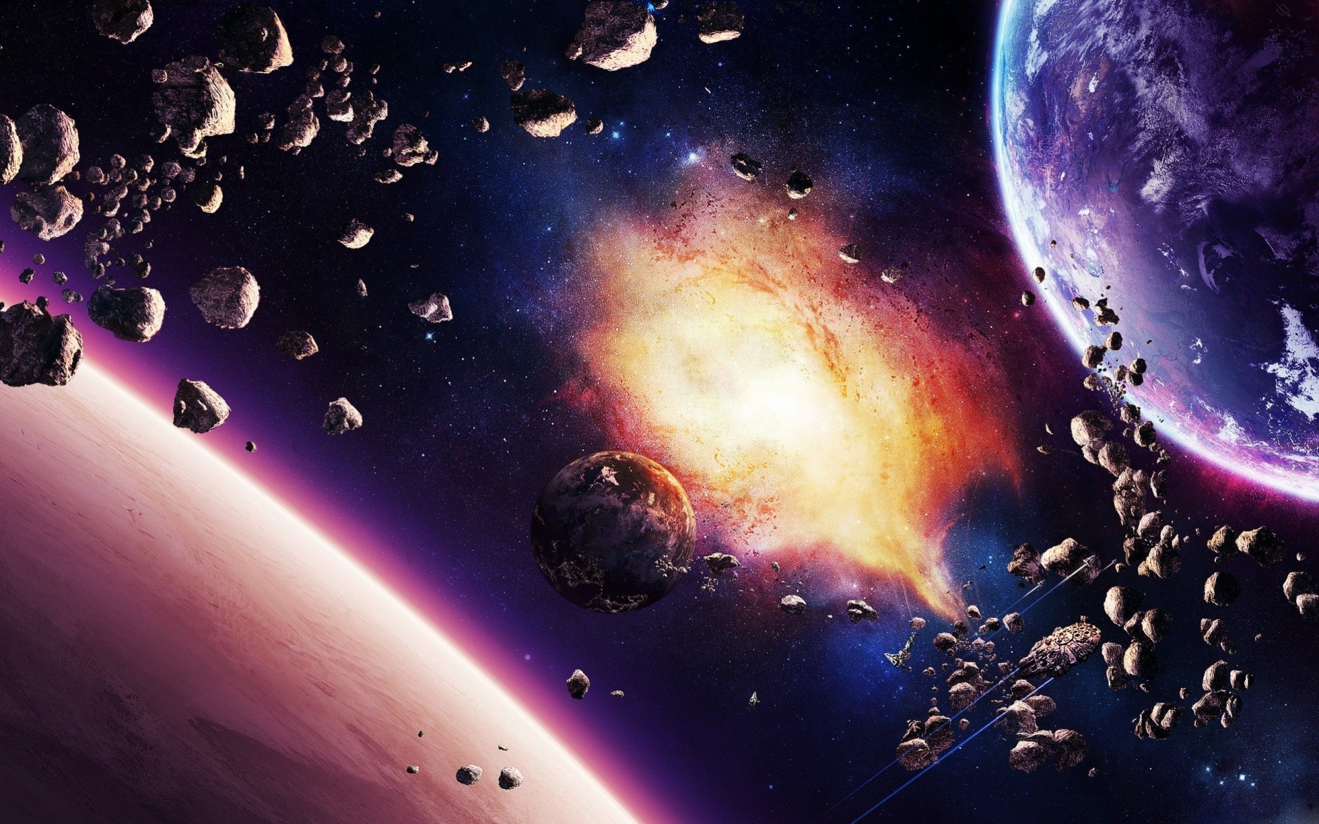 world ships 3d space asteroid nebula fantasy