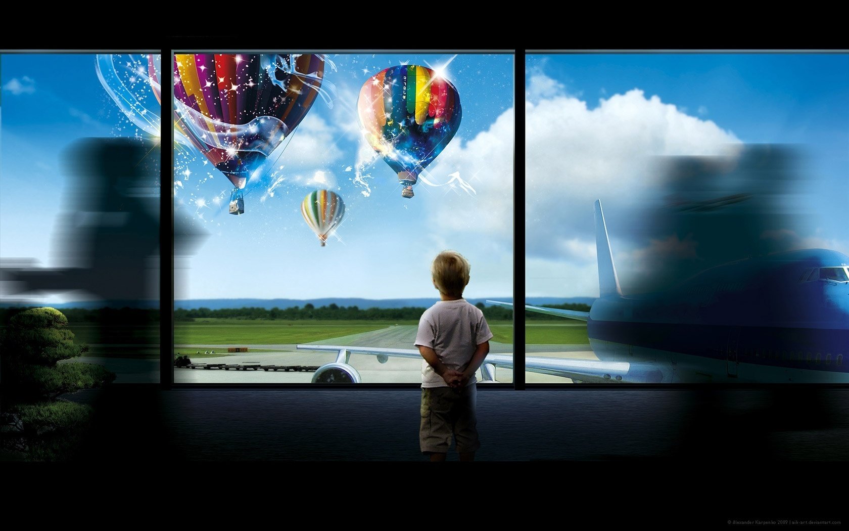 balloons boy clouds the airfield aircraft dream