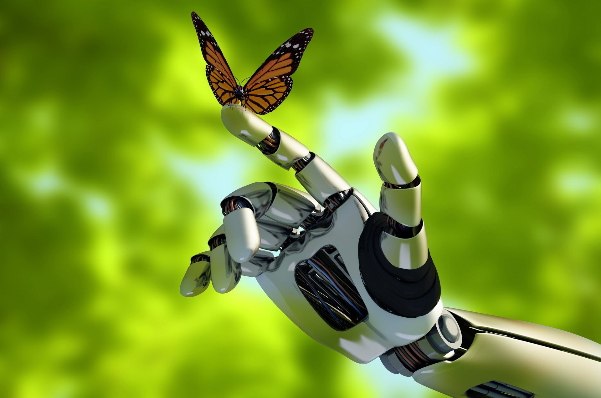 hi-tech technology robots the mechanism android robot nature hand contact butterfly beautiful background green background blur bokeh close up wallpaper