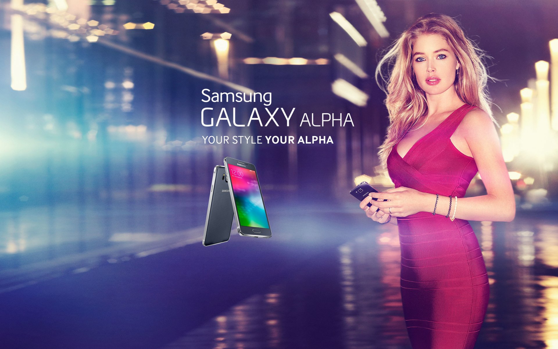 doutzen krezus galaxy alpha samsung samsung galaxy samsung galaxy alpha alfa smartfon android telefon hi-tech technika urządzenie urządzenie czarny dziewczyny dziewczyna model blondynka sukienka piękna blond miasto f