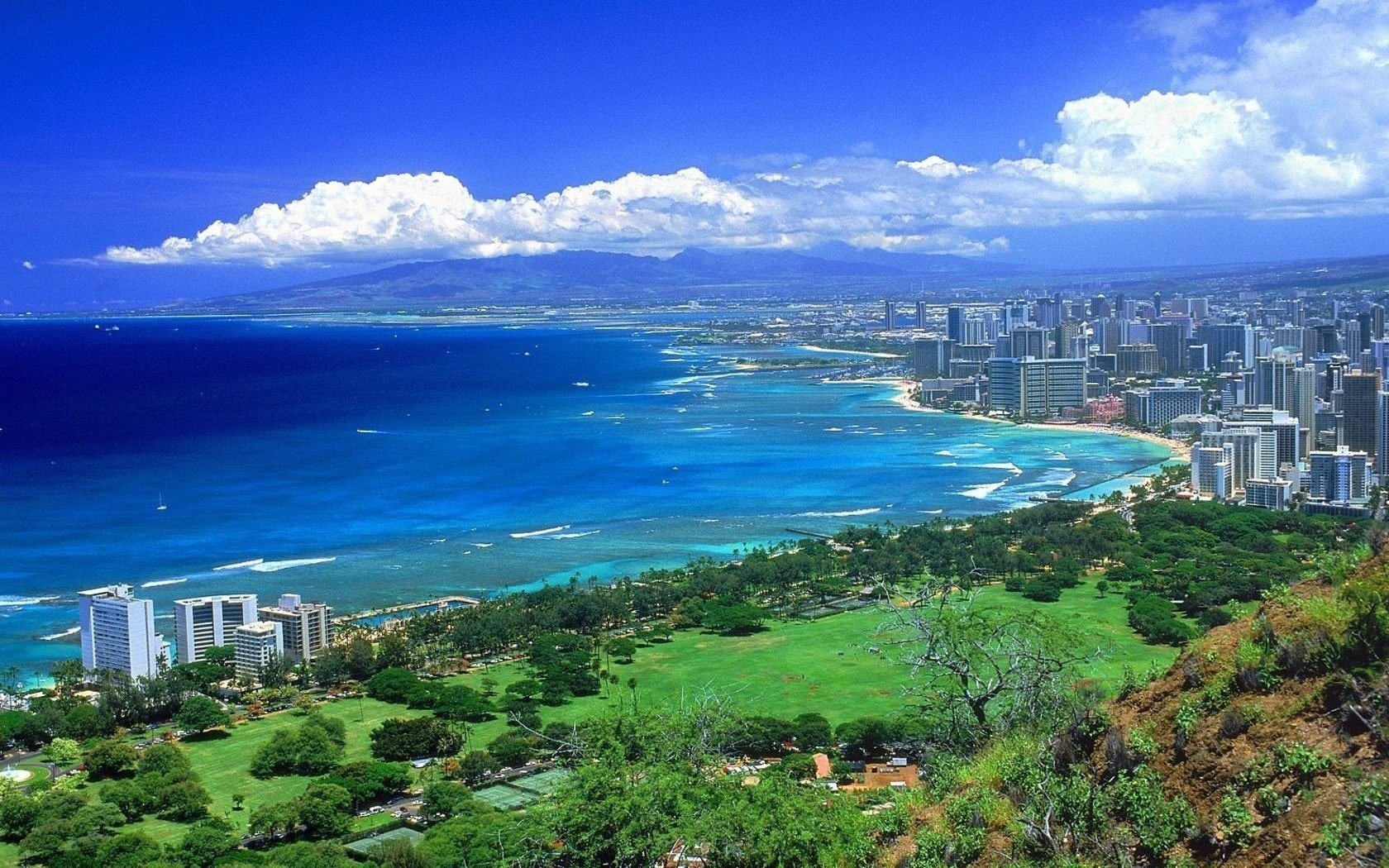 panorama city by the water megapolis blue water the sky clouds view summer building skyscrapers trees greens vegetation sea the ocean coast mountain