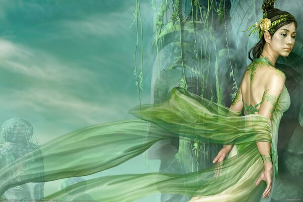 Hermosa chica del bosque en un vestido verde, alrededor de la niebla