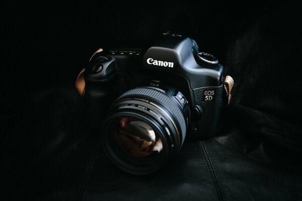 Canon camera lying on a leather cover