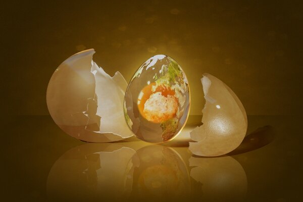 Ein Bild eines geteilten Eies, in dem das Eigelb als Planet Erde dargestellt wird