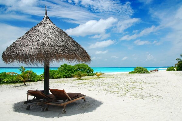 Straw umbrella and sun loungers on the beach