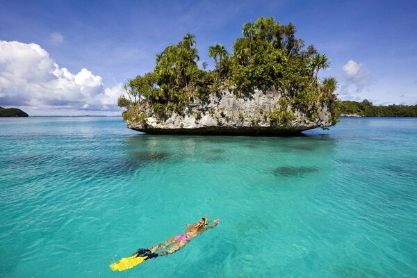 Urlaub im Ferienort eines Tauchers im Meerwasser mit einer Landschaft in die Natur, den Himmel, klare Tiefen