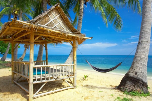 A holiday house with a thatched roof among palm trees and sea waves