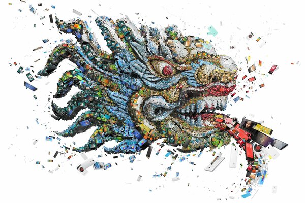 Mosaic in the form of a dragon s face, made of smartphones