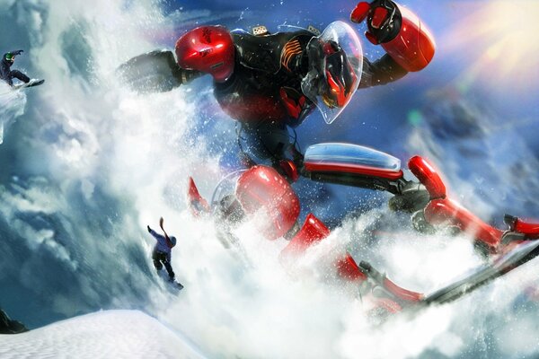 The red-and-blue robot crashes into the snow